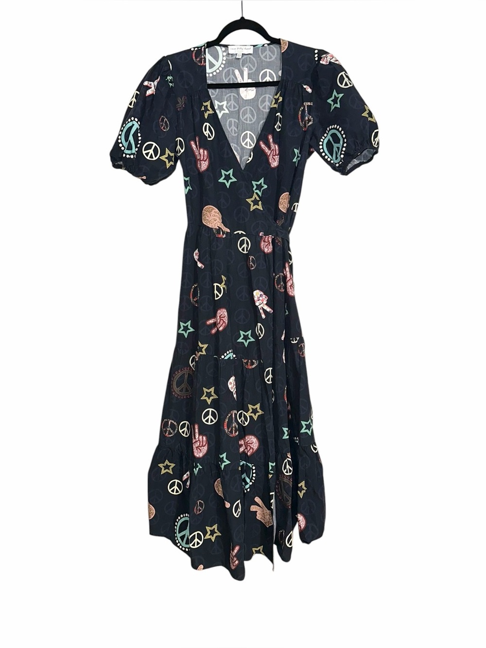 Never Fully Dressed x Charlotte Posner Lottie Peace Love Black Midi Wrap Dress 8